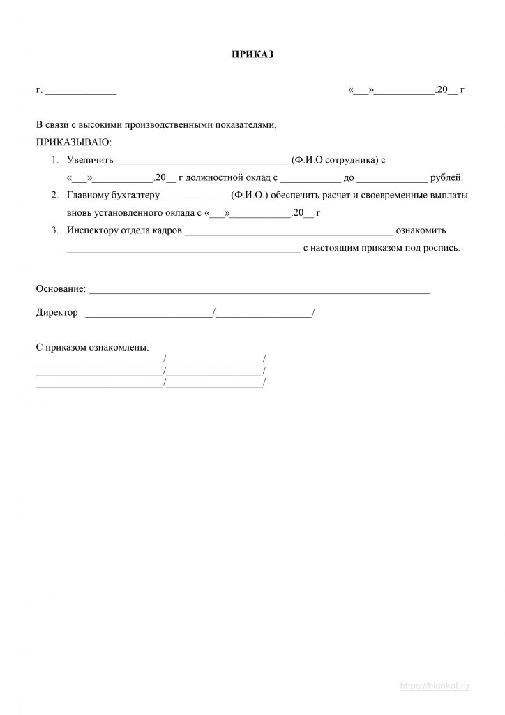 Приказ о повышении оклада, образец 2024