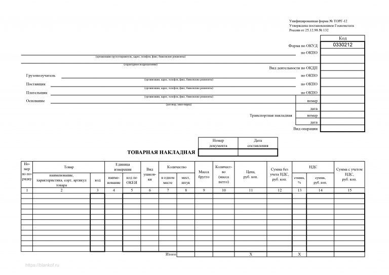 Товарная накладная без ндс образец заполнения
