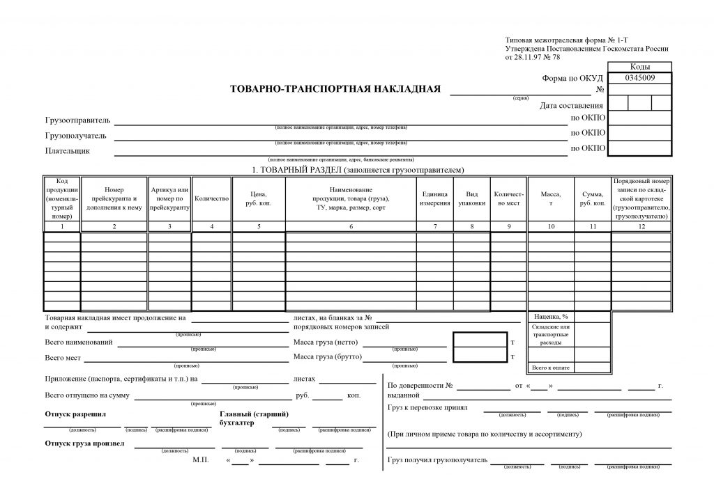 Товара транспортная накладная образец