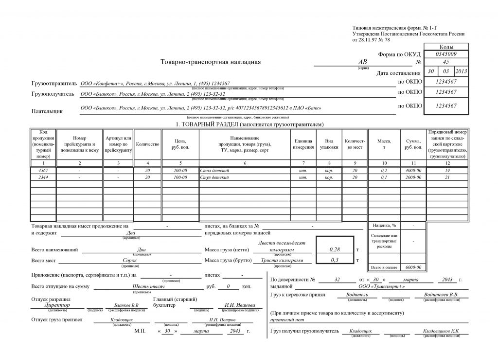 Товарно транспортная накладная 1 т образец