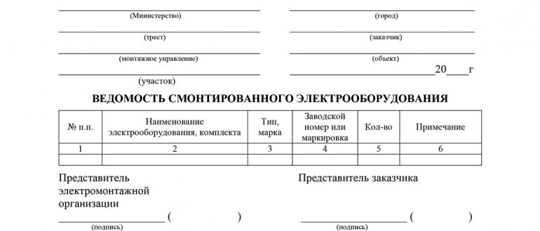 Ведомость смонтированного оборудования образец