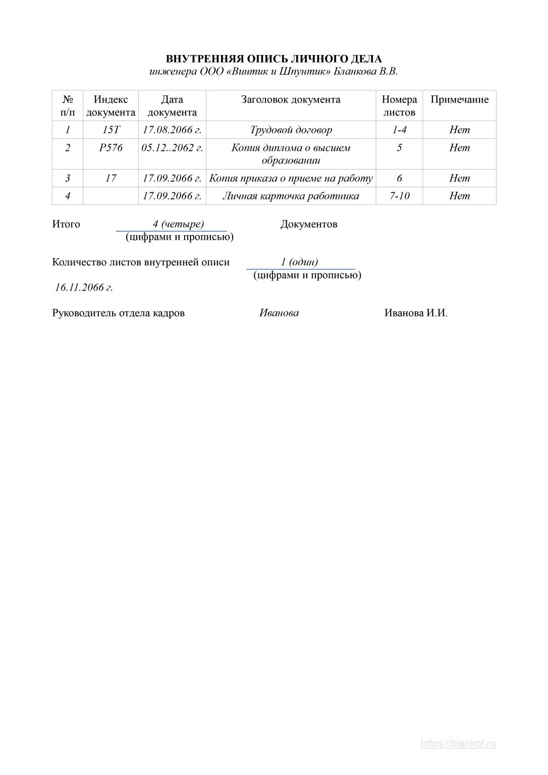 Опись документов образец