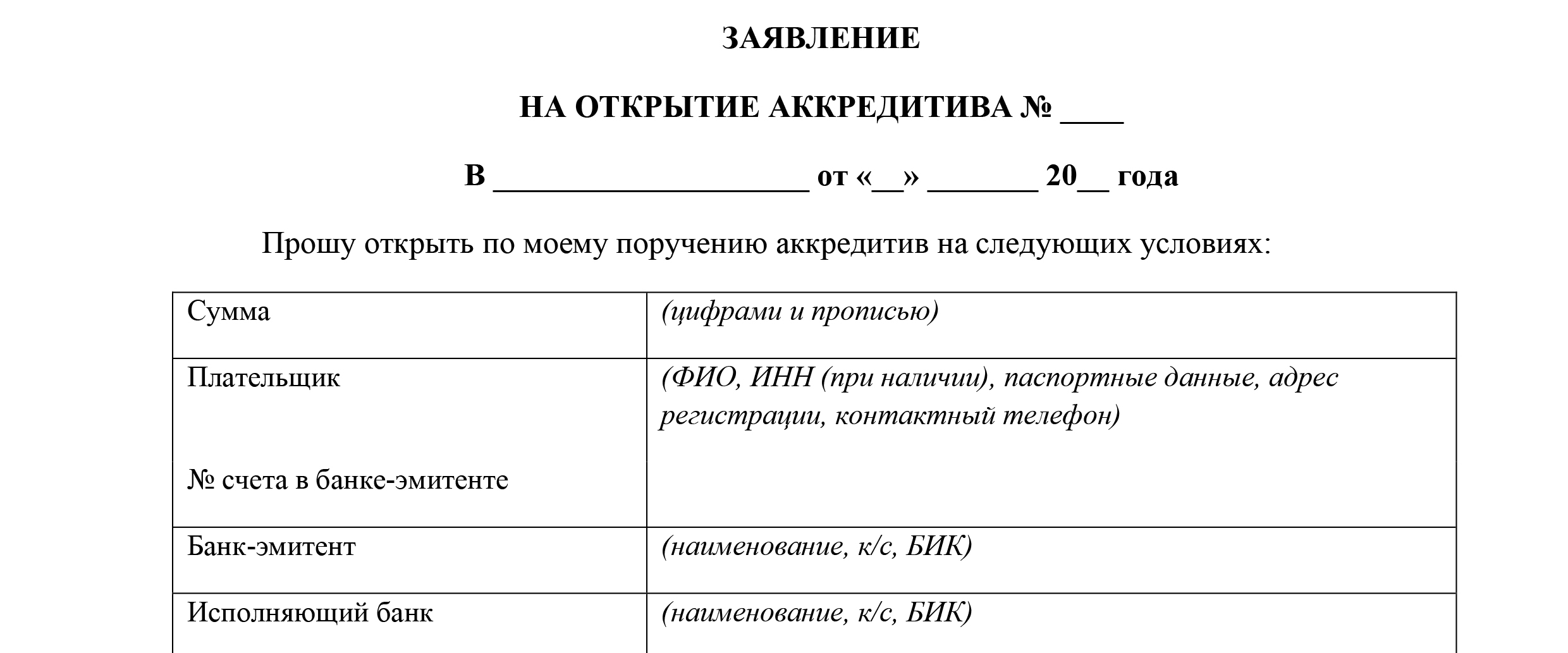 Заявление на открытие аккредитива, образец 2024